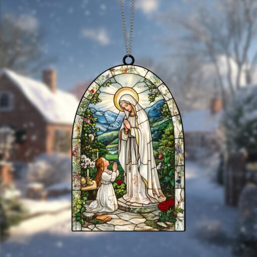 Lady of Lourdes Suncatcher Ornament Unique Religious Decor Perfect Gift for Catholic and Christian Faith Beautiful Window Decoration for Home or Church, Lady of Lourdes Suncatcher Ornament