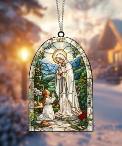 Lady of Lourdes Suncatcher Ornament Unique Religious Decor Perfect Gift for Catholic and Christian Faith Beautiful Window Decoration for Home or Church, Lady of Lourdes Suncatcher Ornament