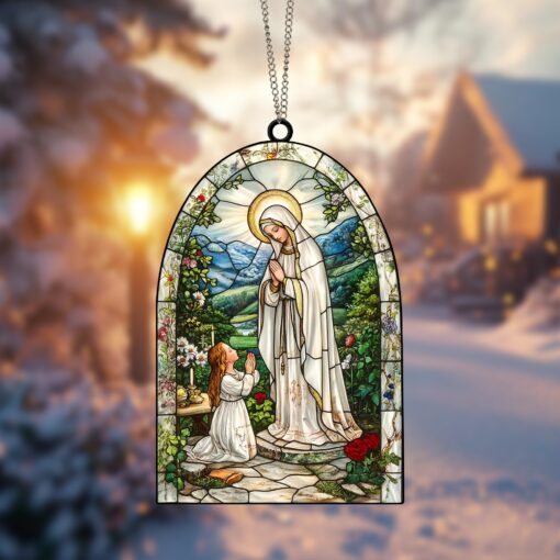 Lady of Lourdes Suncatcher Ornament Unique Religious Decor Perfect Gift for Catholic and Christian Faith Beautiful Window Decoration for Home or Church, Lady of Lourdes Suncatcher Ornament