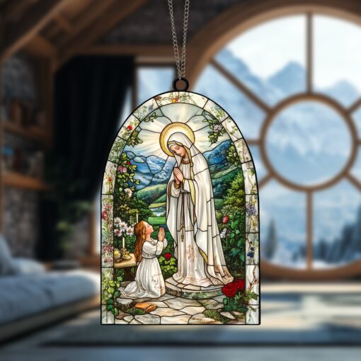 Lady of Lourdes Suncatcher Ornament Unique Religious Decor Perfect Gift for Catholic and Christian Faith Beautiful Window Decoration for Home or Church, Lady of Lourdes Suncatcher Ornament