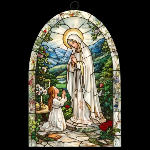 Lady of Lourdes Suncatcher Ornament Unique Religious Decor Perfect Gift for Catholic and Christian Faith Beautiful Window Decoration for Home or Church, Lady of Lourdes Suncatcher Ornament