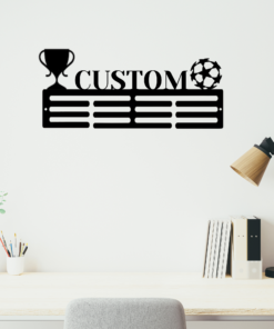 Custom Soccer Cup Medal Hanger Football Player Sign with Name, 12 Rungs medals Ribbons Soccer Football lover Medals, Kids Room Gift For Him, Full Size Range, Perfect Fit for Everyone