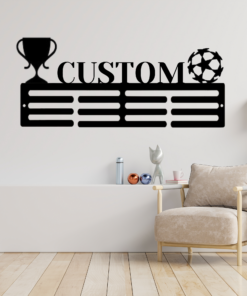 Custom Soccer Cup Medal Hanger Football Player Sign with Name, 12 Rungs medals Ribbons Soccer Football lover Medals, Kids Room Gift For Him, Full Size Range, Perfect Fit for Everyone