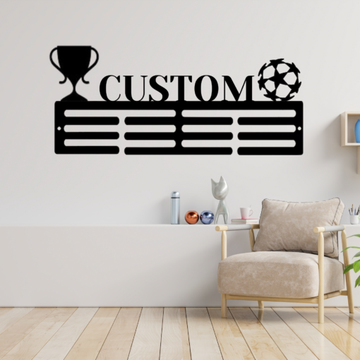 Custom Soccer Cup Medal Hanger Football Player Sign with Name, 12 Rungs medals Ribbons Soccer Football lover Medals, Kids Room Gift For Him, Full Size Range, Perfect Fit for Everyone