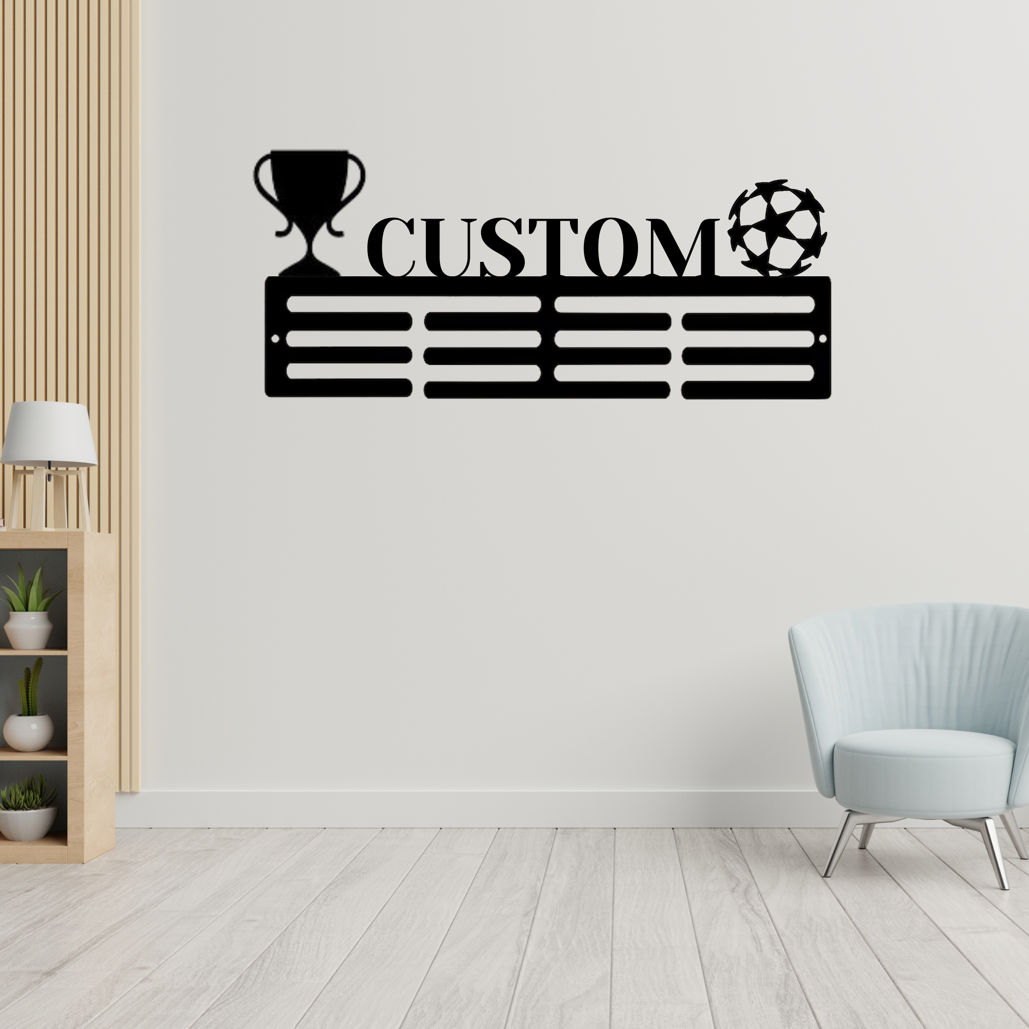 Custom Soccer Cup Medal Hanger Football Player Sign with Name, 12 Rungs medals Ribbons Soccer Football lover Medals, Kids Room Gift For Him, Full Size Range, Perfect Fit for Everyone