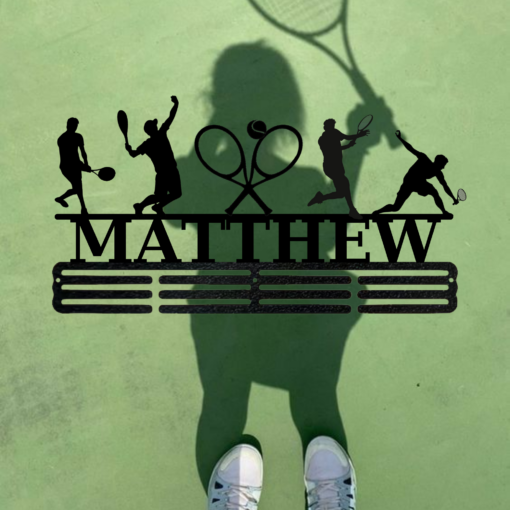 Personalized Name Tennis Sport Medal Hanger Metal Sign 12 Rungs for medals & Ribbons Show Team Spirit, metal Tennis Player Gift for Him, Gildan Unisex, Premium Quality Cotton