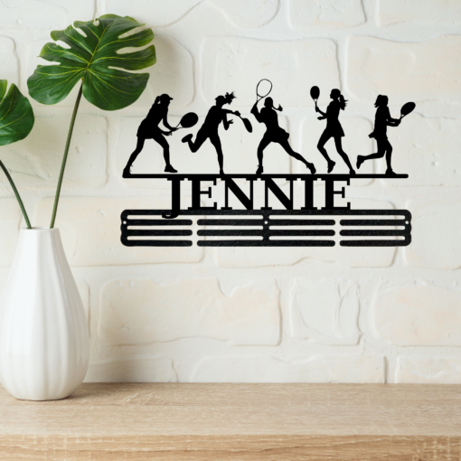 Personalized Female Tennis Sport Medal Hanger Tennis Girl Sign 12 Rungs for medals & Ribbons Show Spirit, metal Tennis Player Gift for Her, Full Size Range, Perfect Fit for Everyone