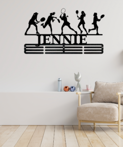 Personalized Female Tennis Sport Medal Hanger Tennis Girl Sign 12 Rungs for medals & Ribbons Show Spirit, metal Tennis Player Gift for Her, Full Size Range, Perfect Fit for Everyone