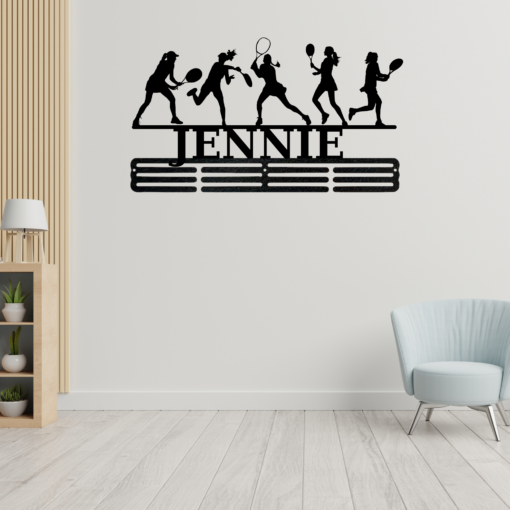 Personalized Female Tennis Sport Medal Hanger Tennis Girl Sign 12 Rungs for medals & Ribbons Show Spirit, metal Tennis Player Gift for Her, Full Size Range, Perfect Fit for Everyone