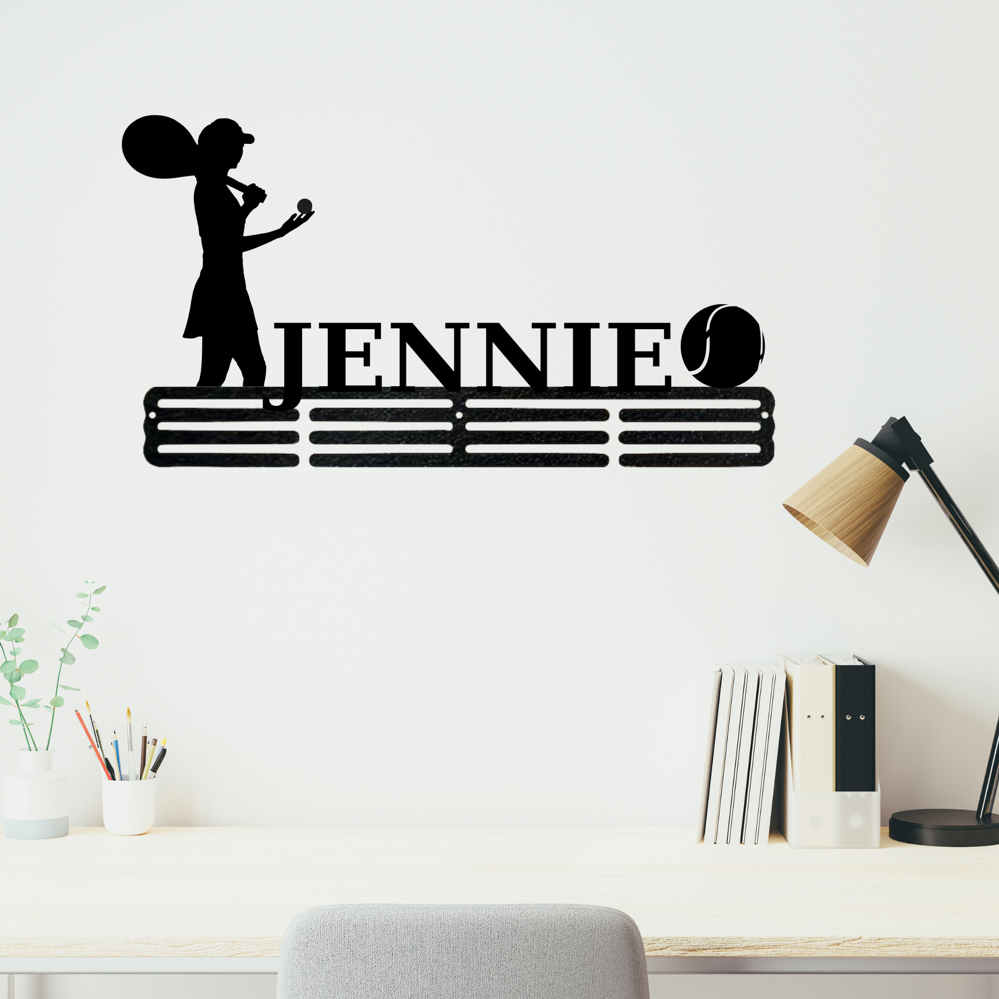 Personalized Female Tennis Player Medal Hanger Tennis Girl Sign 12 Rungs for medals & Ribbons Show metal Tennis Player Gift for Her, Simple Style